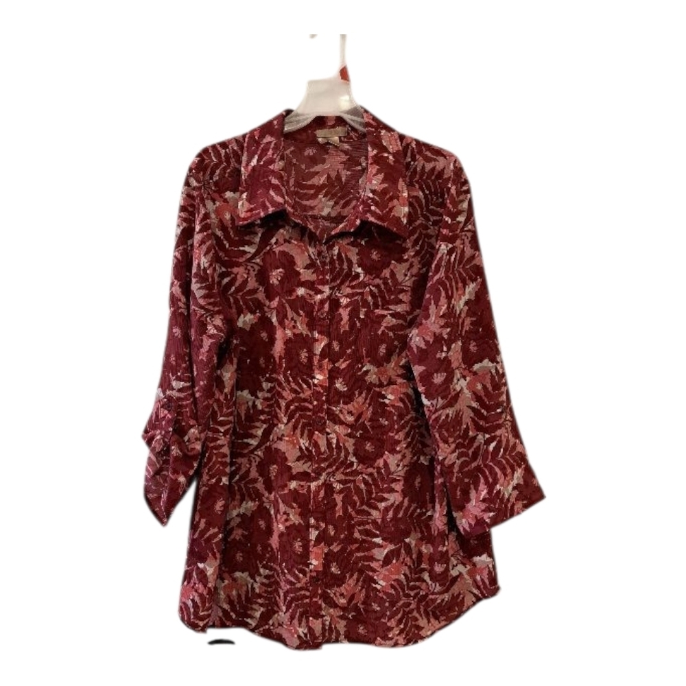 White Stag Floral Button-Up Blouse color wine and pink size 2X (18W-20W)